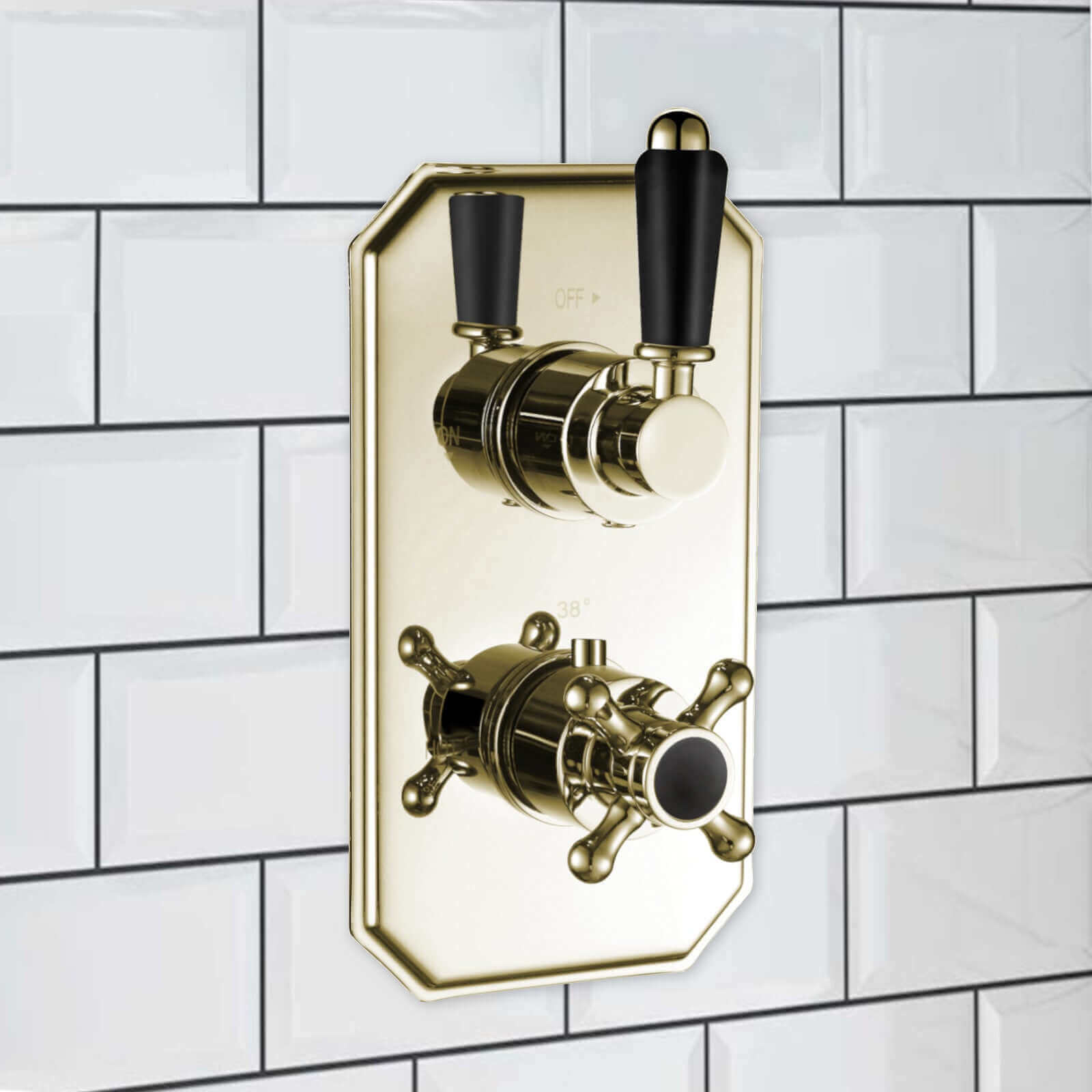 Buy Regent traditional crosshead and black lever concealed thermostatic twin shower valve with 1 outlet - gold Online UK | HOUSE OF ENKI